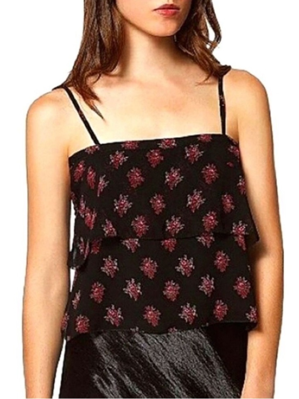 Avec Les Filles Black Pink Floral Tiered Blouse Tank Top Size M Spaghetti Straps